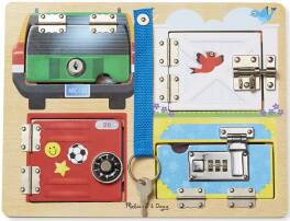 Drewniana tablica manipulacyjna z zamkami Melissa & Doug - Sejfy i zamki - zabawa zręcznościowa