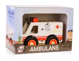 Drewniane auto z oponami - ambulans